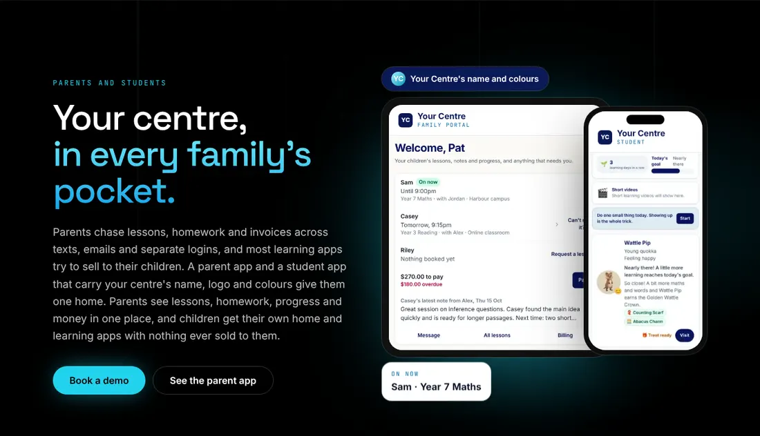 XTutio's families page: a parent and student app branded as a tutoring centre.