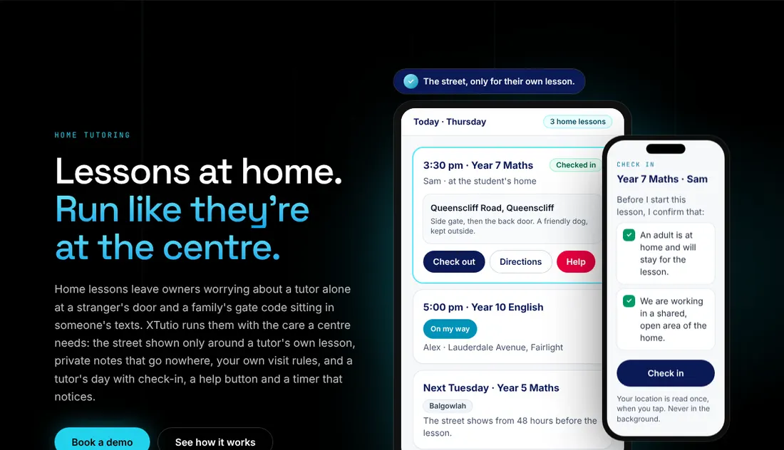 XTutio's home tutoring page: a tutor's day on a phone with check-in and help buttons.