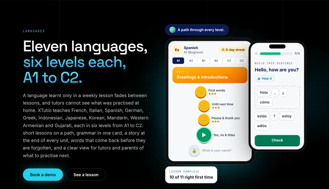 XTutio's languages page: a Spanish lesson path and a short exercise.