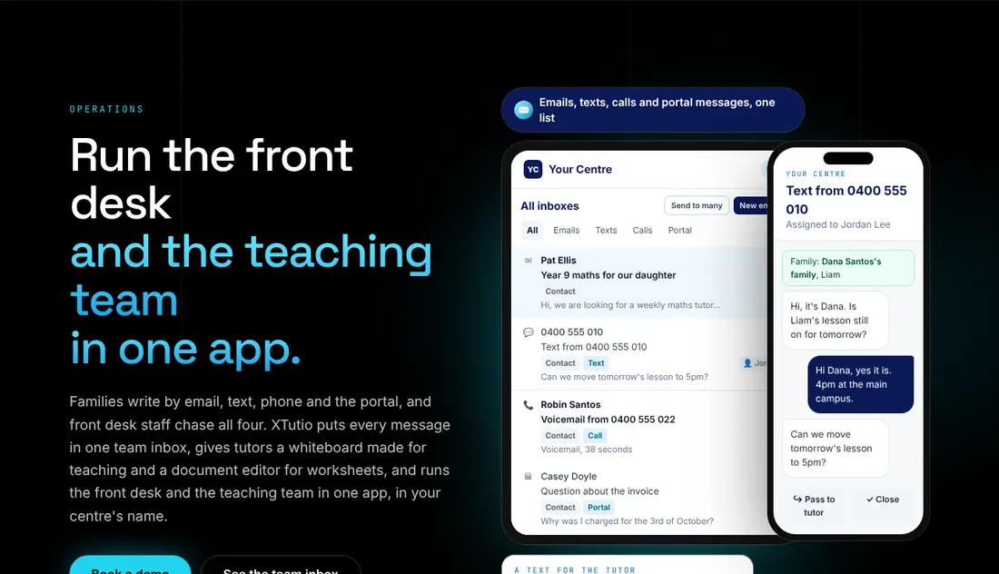 XTutio's operations page: a shared inbox of messages shown on a laptop and a phone.