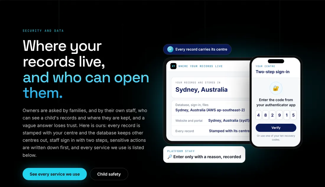 XTutio's security page: where records are stored and a two-step sign-in prompt.