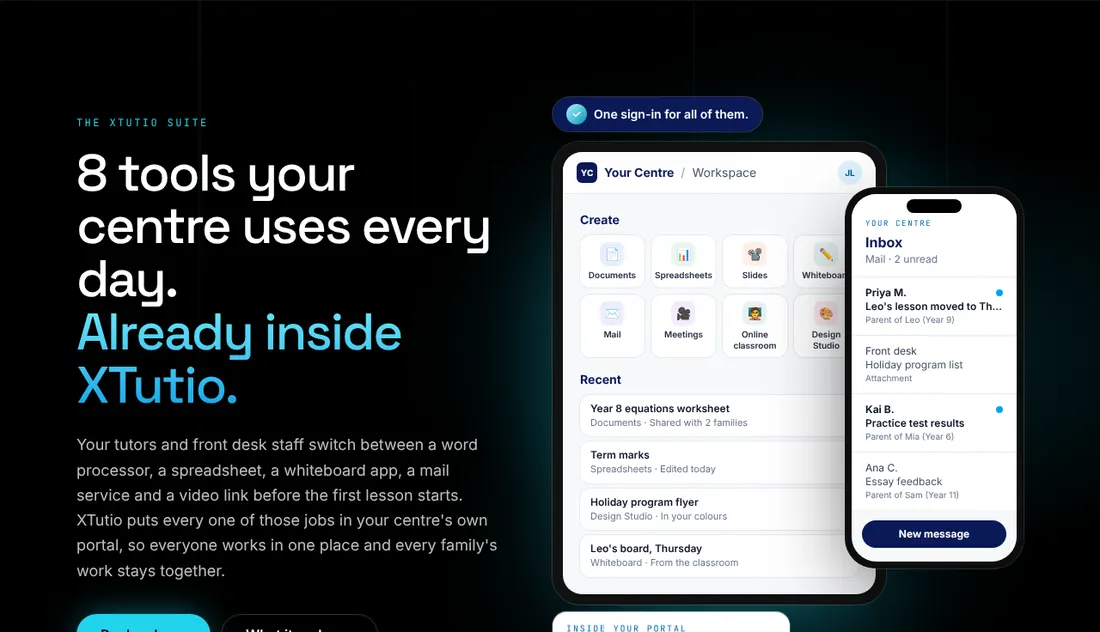 XTutio's suite page: a workspace with tools for documents, spreadsheets and meetings.