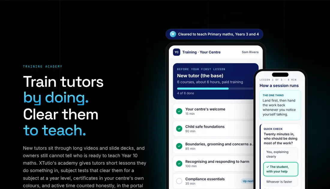 XTutio's training page: a tutor's course list with progress.